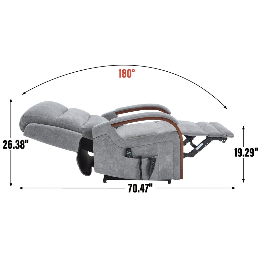 Power Grey Chenille Lift Recliner Chair Dual Motor Infinite Position Up to 350 LBS with Solid Wood Armrests, Heat Massage and Heavy Duty Motion Mechanism