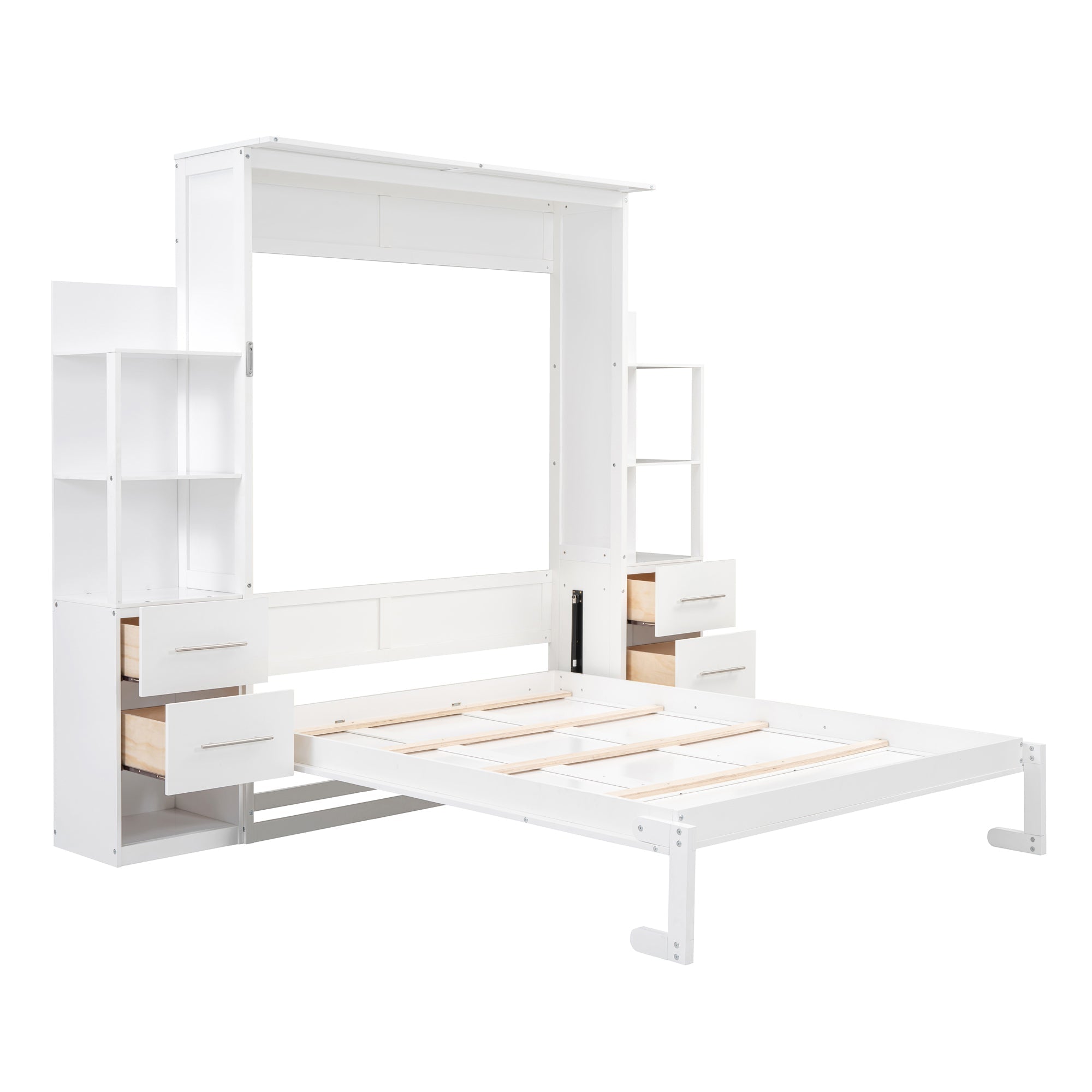 Queen Size Murphy Bed Wall Bed with Shelves, Drawers and LED Lights,White(OLD SKU:LP000566AAK-1)