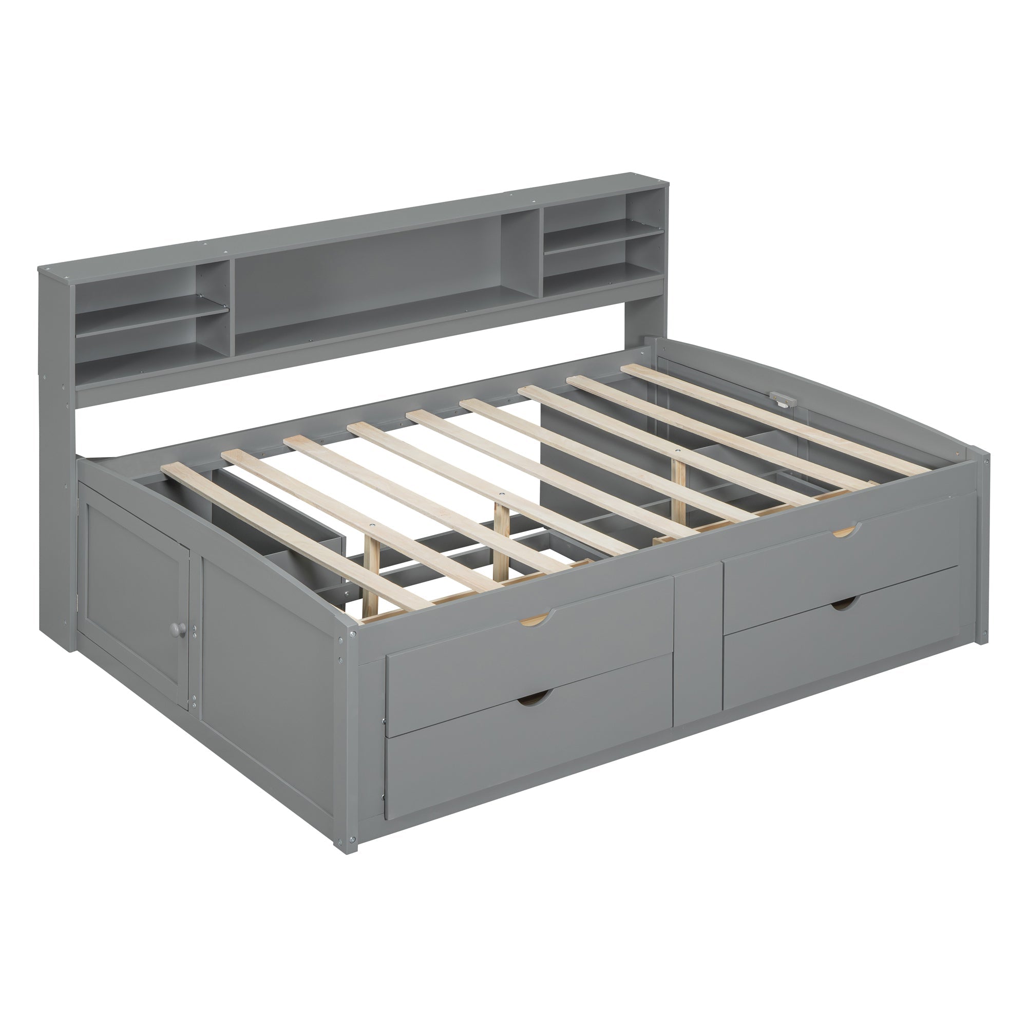 Full Size Wood Daybed with 2 Bedside Cabinets, Upper Shelves and 4 Drawers, Gray