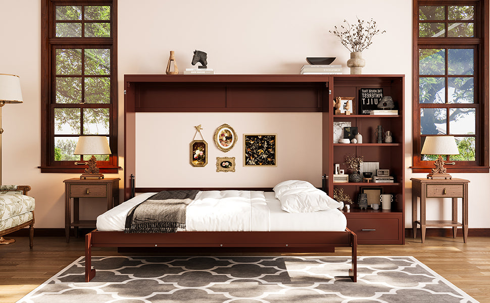 Queen Size Murphy Bed with Height Adjustable Storage Compartments and Shelf, Wall Bed Frame With 1 Drawer, Multifunctional Foldable Platform Bed for Small Space,Bedroom,Guest Room, Walnut