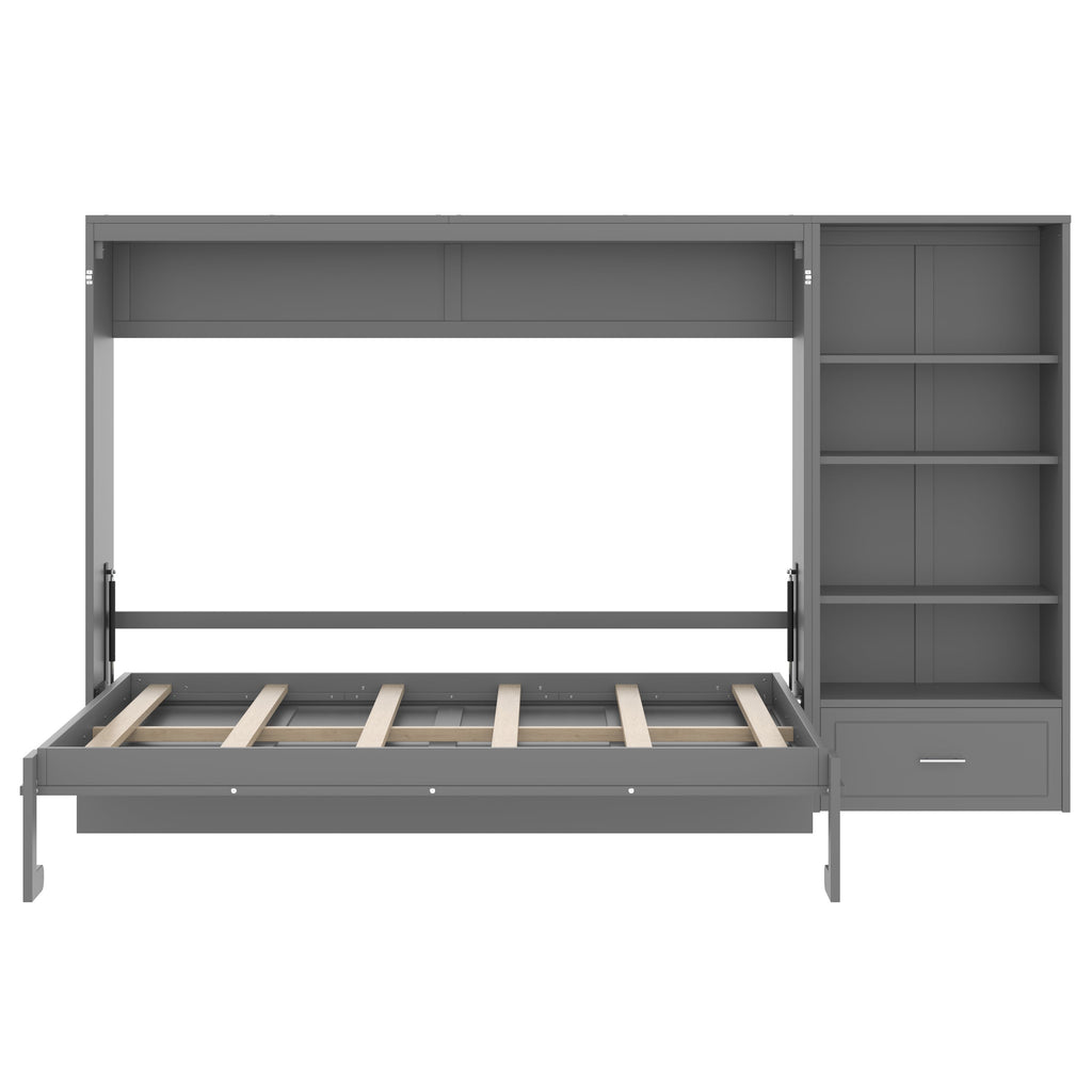 Queen Size Murphy Bed with Height Adjustable Storage Compartments and Shelf, Wall Bed Frame With 1 Drawer, Multifunctional Foldable Platform Bed for Small Space,Bedroom,Guest Room, Gray