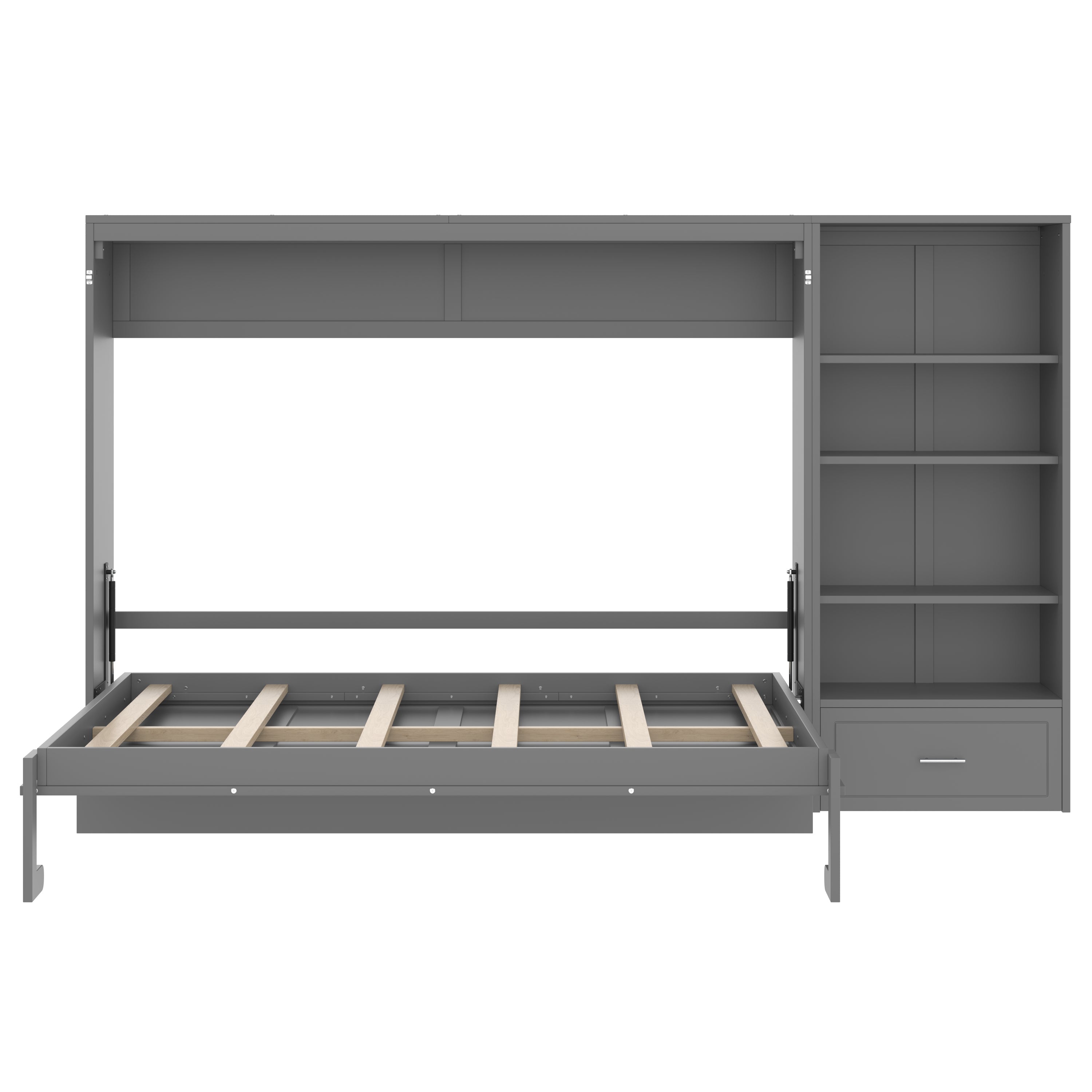 Queen Size Murphy Bed with Height Adjustable Storage Compartments and Shelf, Wall Bed Frame With 1 Drawer, Multifunctional Foldable Platform Bed for Small Space,Bedroom,Guest Room, Gray