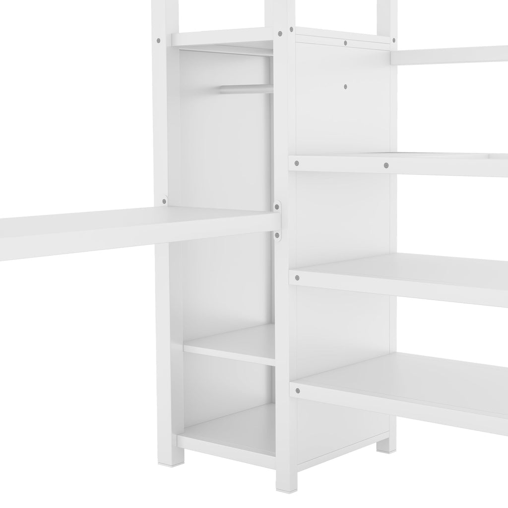 Full Size Loft Bed with L-shaped Desk and USB, Metal Loft Bed with Wardrobe and Adjustable Shelf, High Loft Bed with LED for Kids Teens Adults, White