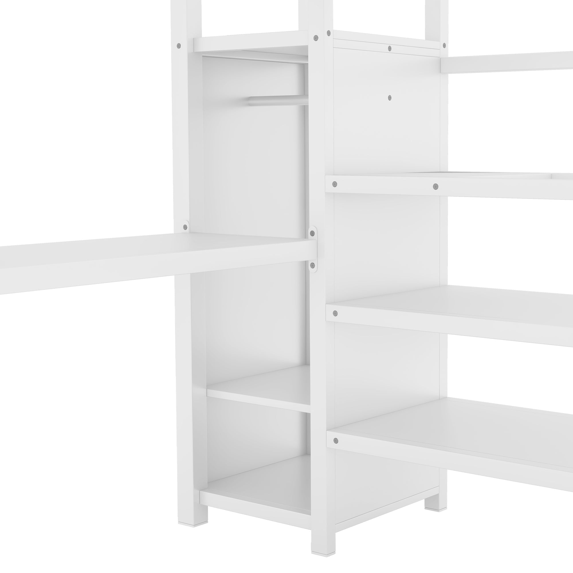 Full Size Loft Bed with L-shaped Desk and USB, Metal Loft Bed with Wardrobe and Adjustable Shelf, High Loft Bed with LED for Kids Teens Adults, White