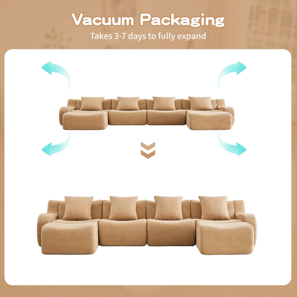 U-Shaped Boneless Sofa,Teddy Fabric No assembly required   Curved armrest,Anti-slip Design,Streamlined Design 32D High Density Sponge,Full Compression Vacuum Packag,For Studies living Rooms,Camel