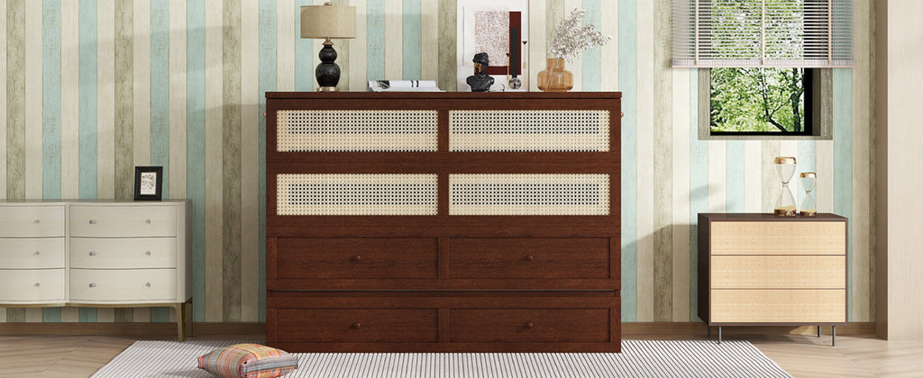 Queen Size Murphy Bed, Pine Wood Cabinet Bed with Rattan Decoration and Storage Drawer,Walnut