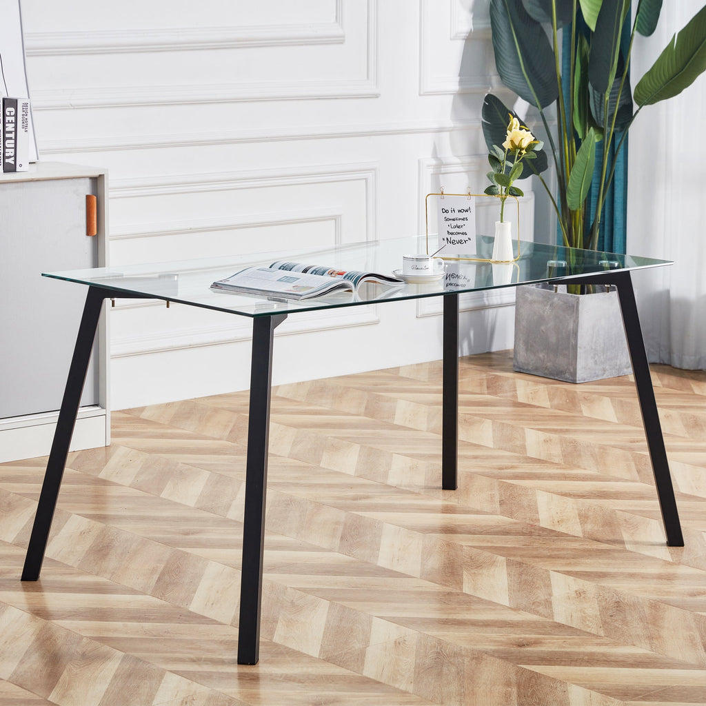 Modern Minimalist Rectangular Glass Dining Table with 0.31' Tempered Glass Tabletop and Black Coating Metal Legs, Writing Table Desk, for Kitchen Dining Living Room, 51' W x 31'D x 30' H.W1151S01839