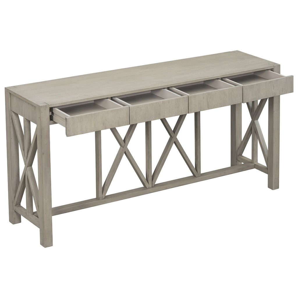 U_Style 60''Acacia Veneer Console Table with 4 Spacious Drawers, Modern Crisscross Design Entryway Table with Open Bottom Storage,Farmhouse Sofa Table for Living Room,Kitchen,Dining Room,Hallway