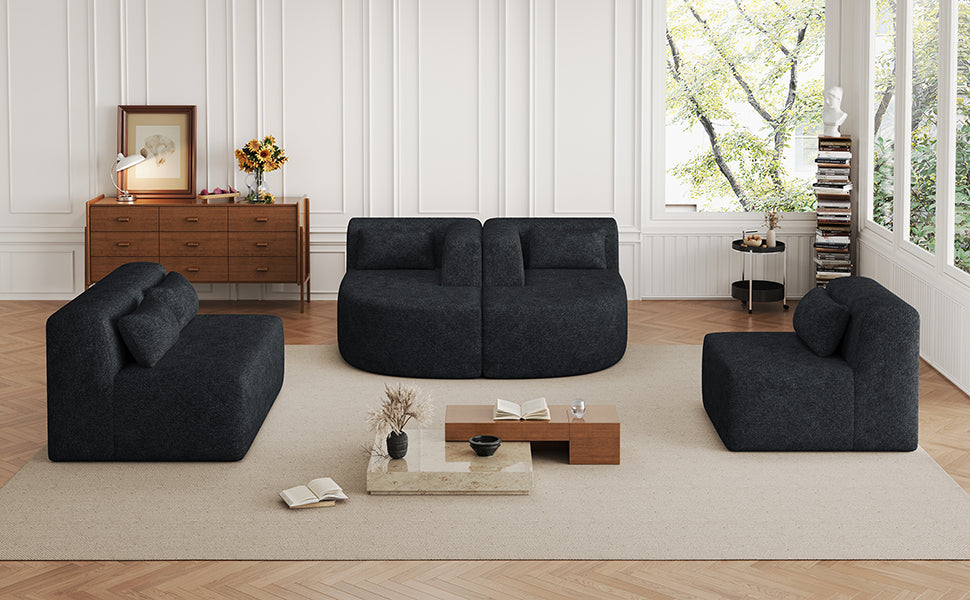 144' Upholstered Sofa Free-combined Sofa Couch with Two Chaise Lounge and Five Back Pillows for Living Room(Old SKU: N719S001600B), Black