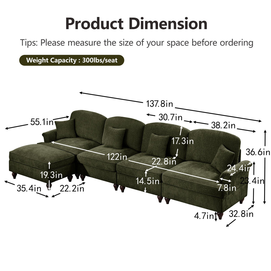 Classic Three Seater Modular L Shaped Sectional Couch with Flared Arms and Removable Ruffles Pleats Skirts and Spindle Legs, Comfy Chenille Four-Seat Deep Seat Sofa with Movable Ottoman, Green