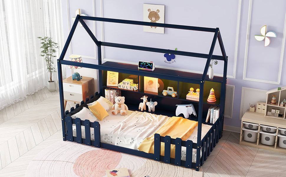 Twin Size House Bed with LED Light, Wood House Bed with Storage Bookshelf, Floor House Bed with Guardrails for Kids, Navy Blue (Expect Arrival Date 2025/3/14)