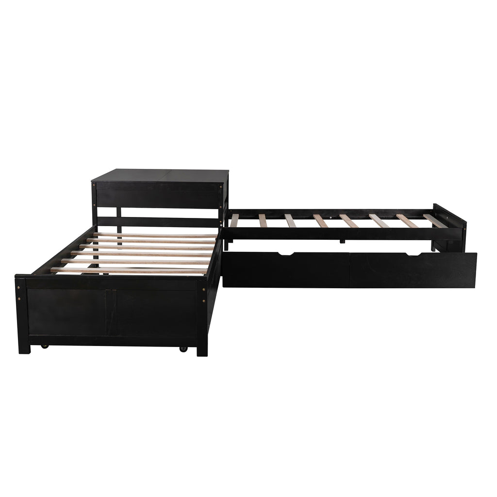 L-shaped Platform Bed with Trundle and Drawers Linked with built-in Desk,Twin,Espresso(Old SKU:SM000916AAP)
