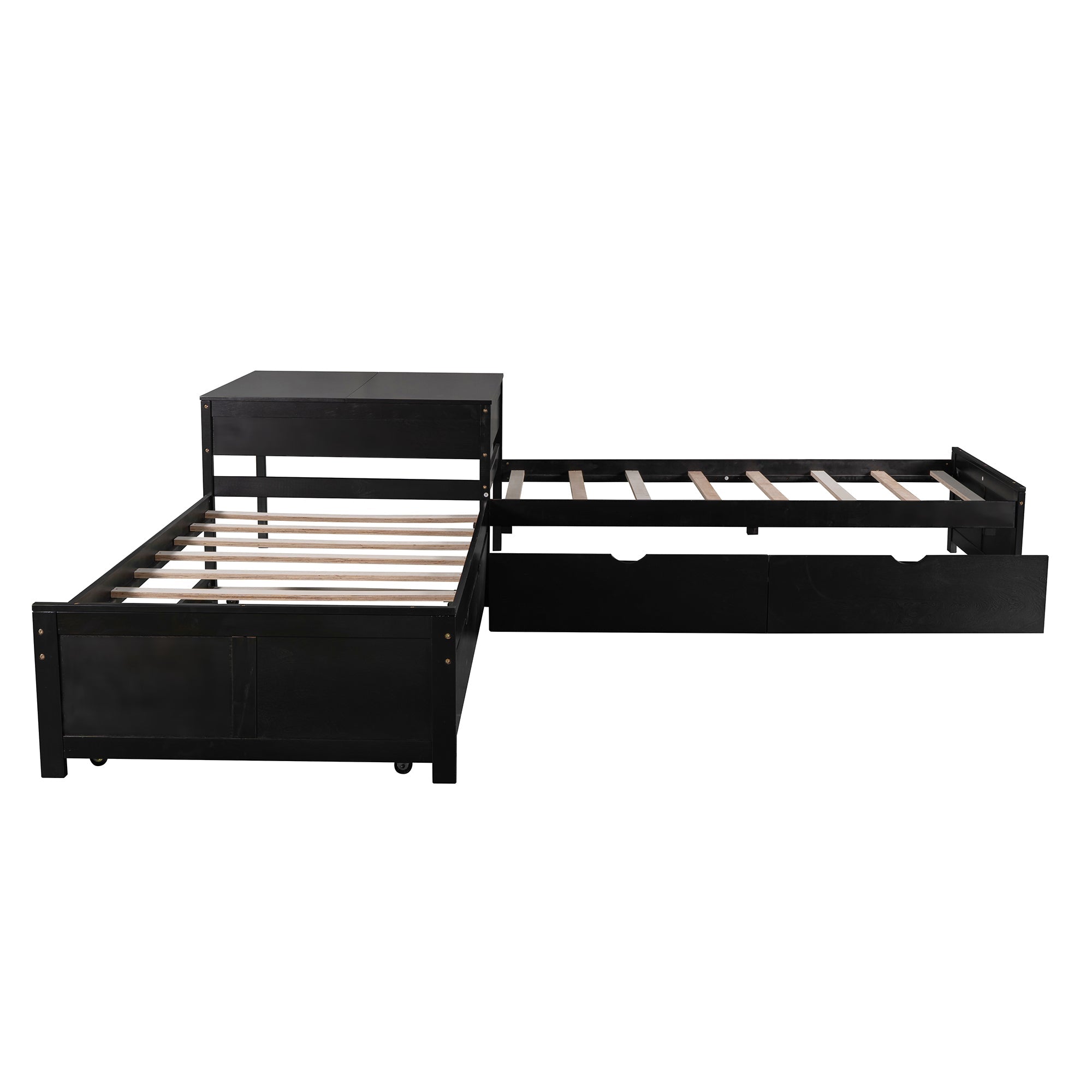 L-shaped Platform Bed with Trundle and Drawers Linked with built-in Desk,Twin,Espresso(Old SKU:SM000916AAP)