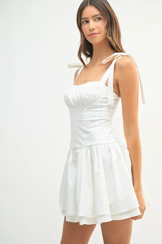 MABLE Shoulder Tie Corset Panel Mini Dress