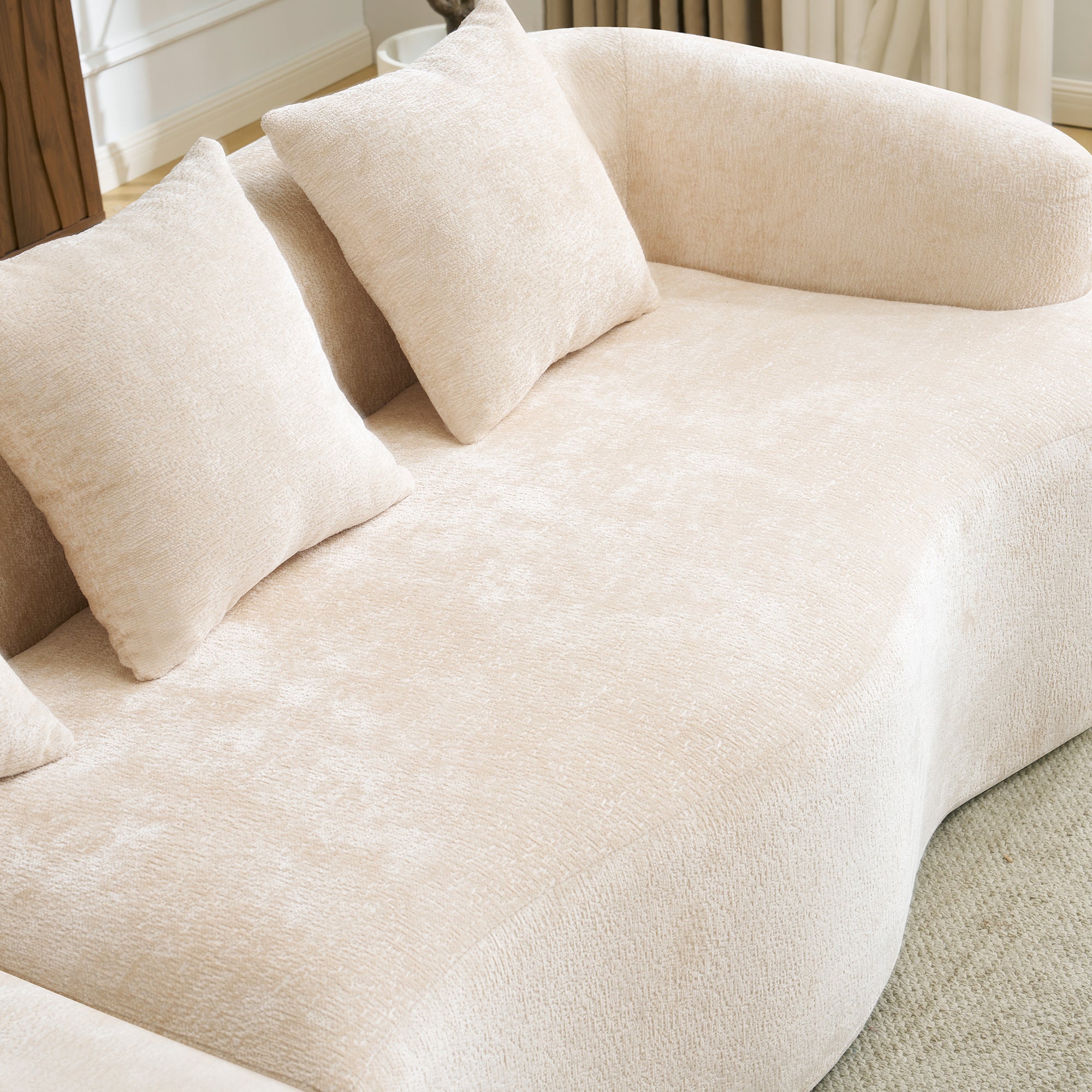 Full Compression L-Shape Sectional Sofa with Curved Chaise, Beige Modular Chenille Couch, High-Density for Apartment Living Room