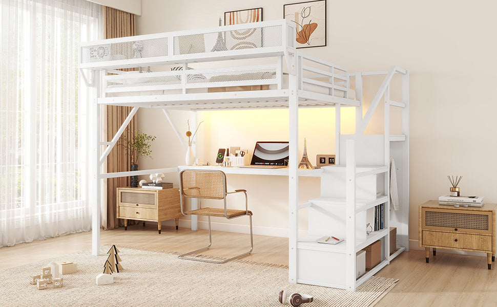 Queen Loft Bed with Desk and Charging Station, Queen Size Metal Loft Bed with Stairs and Light for Kids Teens,White(Old SKU W2580S00033)
