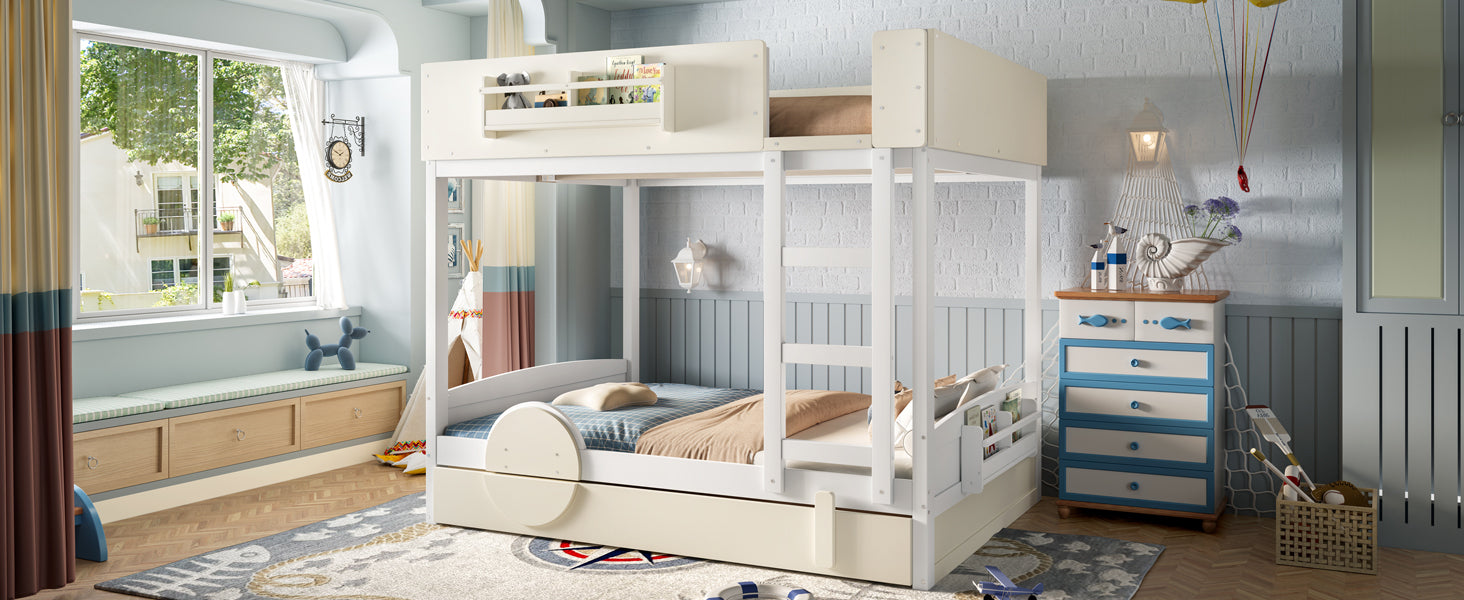 Full Bunk Bed with Trundle , Wood Bunk Bed Frame with Built-in Bookshelf and High-quality Safety Guardrail,Automobile Form Design for Kids ,White＆ Beige.