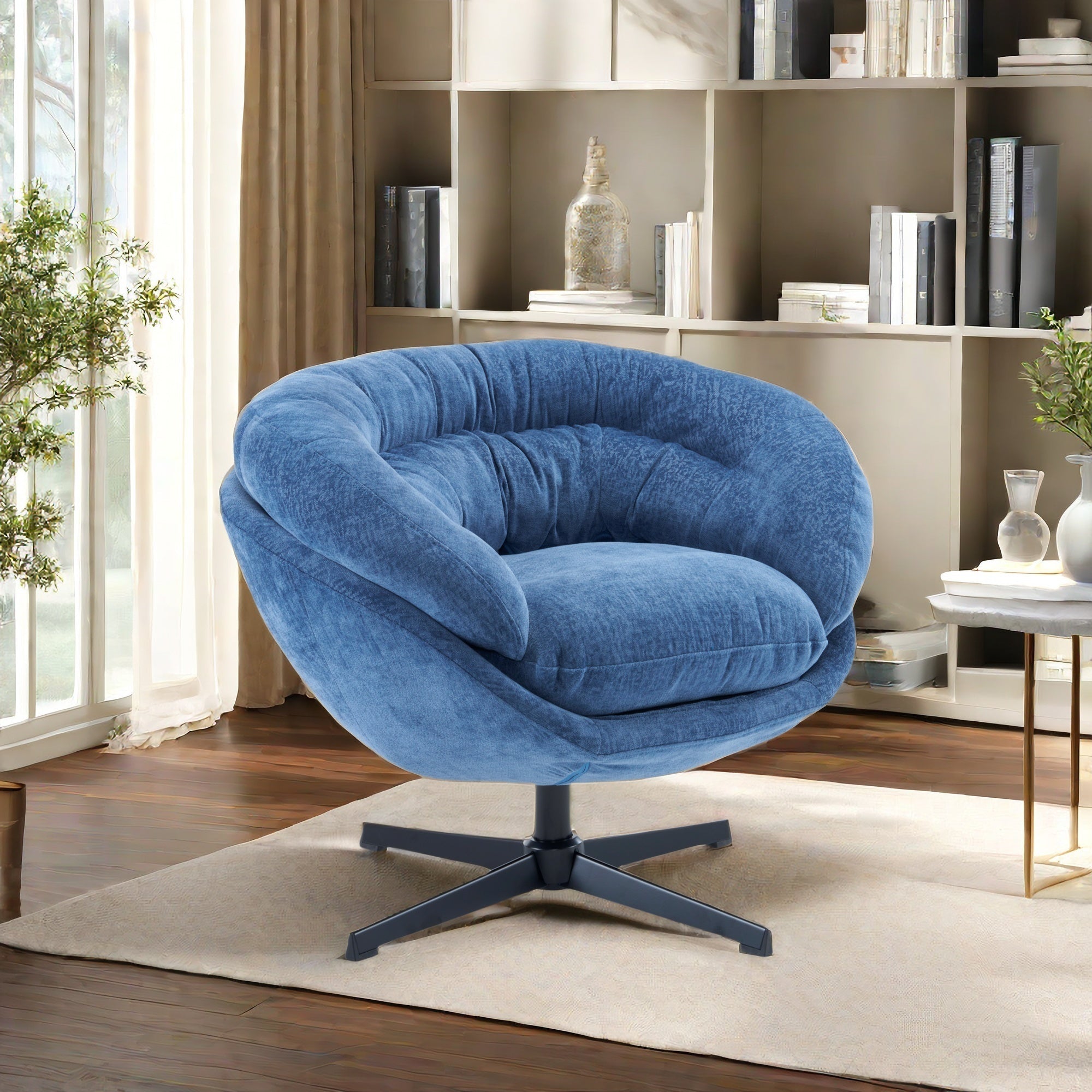 Modern Chenille Office Chair, 360° Swivel Accent Chair with Removable Cushion, Round Office Chair, Black Metal Base, Cotton Material, Living Room, Bedroom, Reading Corner, Office (Navy Blue)