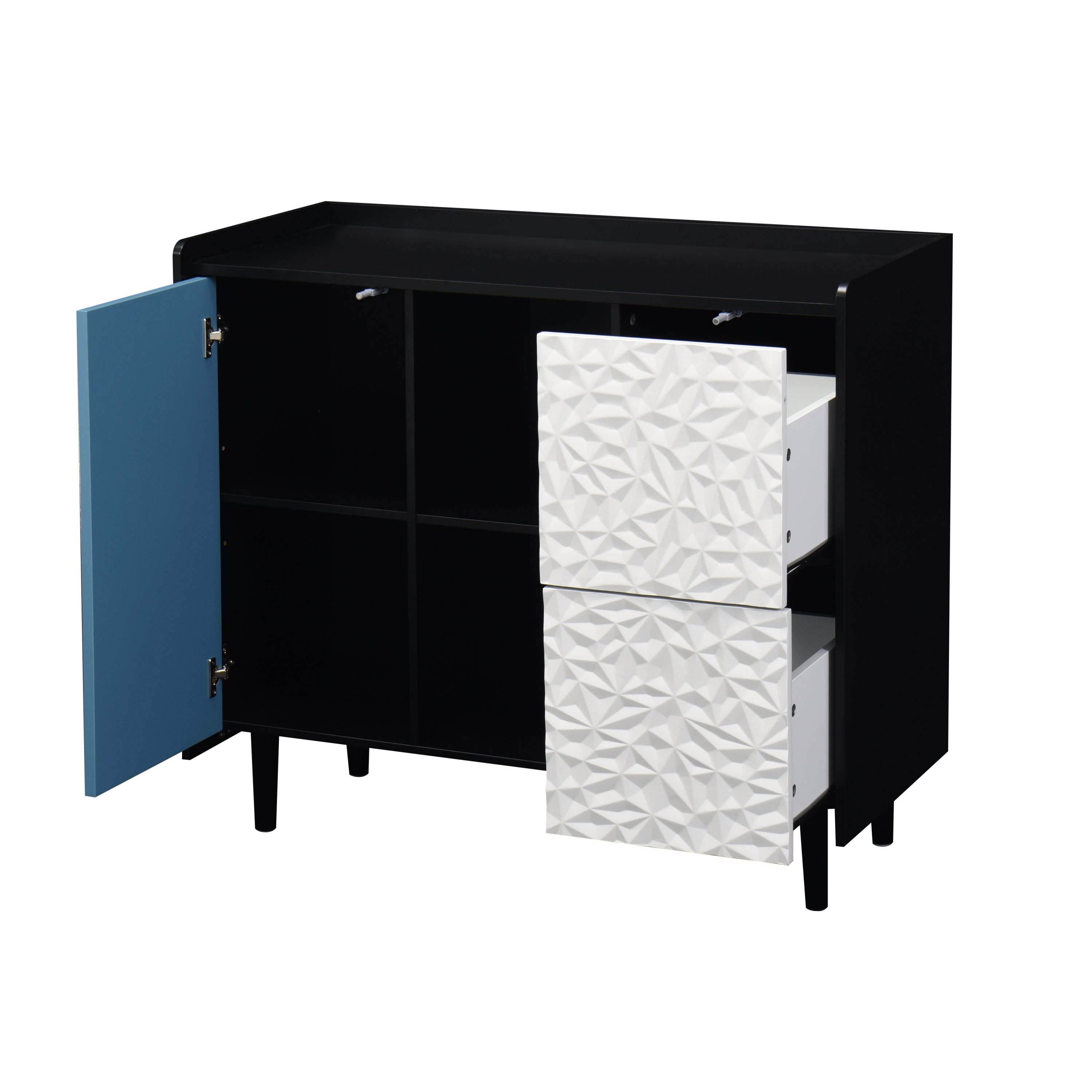 Sideboard Buffet Cabinet, Black Storage Cabinet with Red Doors , 2 Drawers with unique panel styling and 2 Open Storage Compartment, Modern Coffee Bar Cabinet Accent Cabinet for Kitchen, Dining Room,