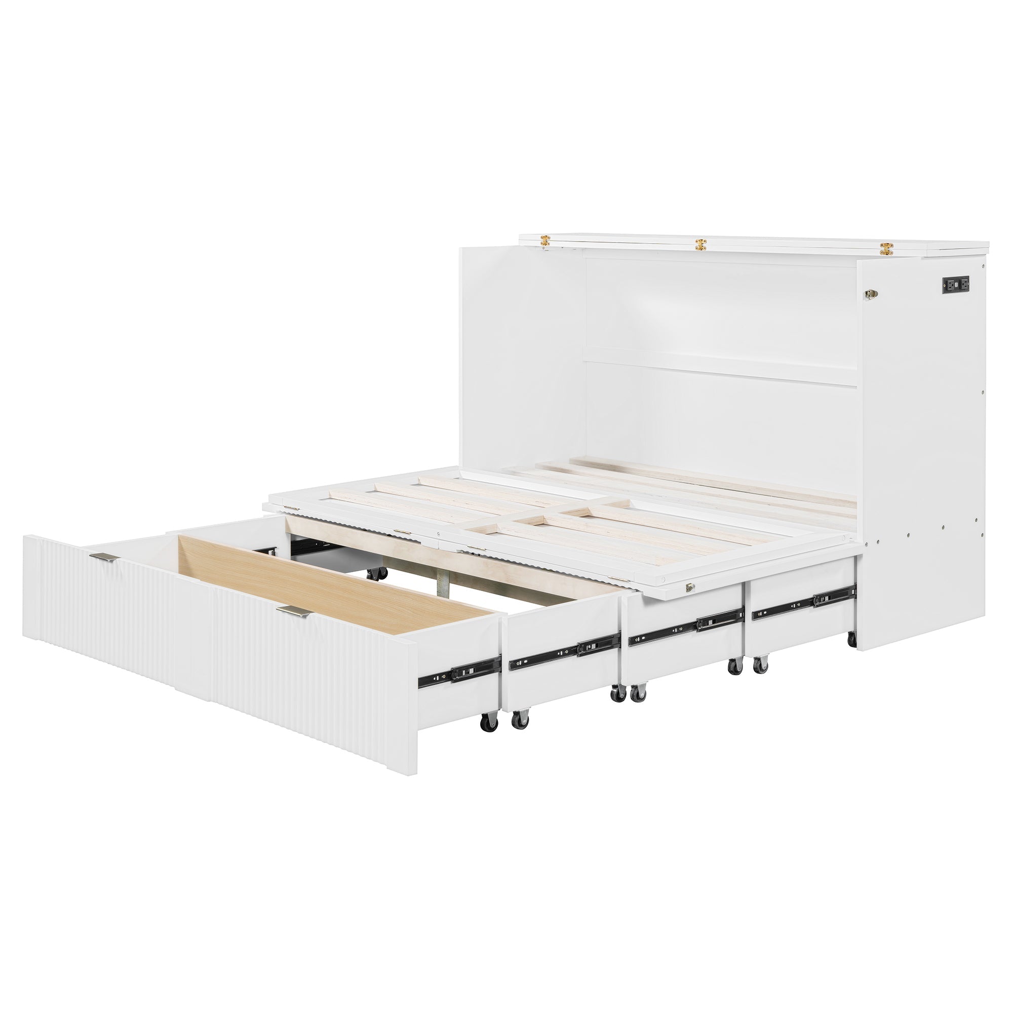 Queen Size Murphy  Bed with drawer and a set of Sockets & USB Ports, Pulley Structure Design, White