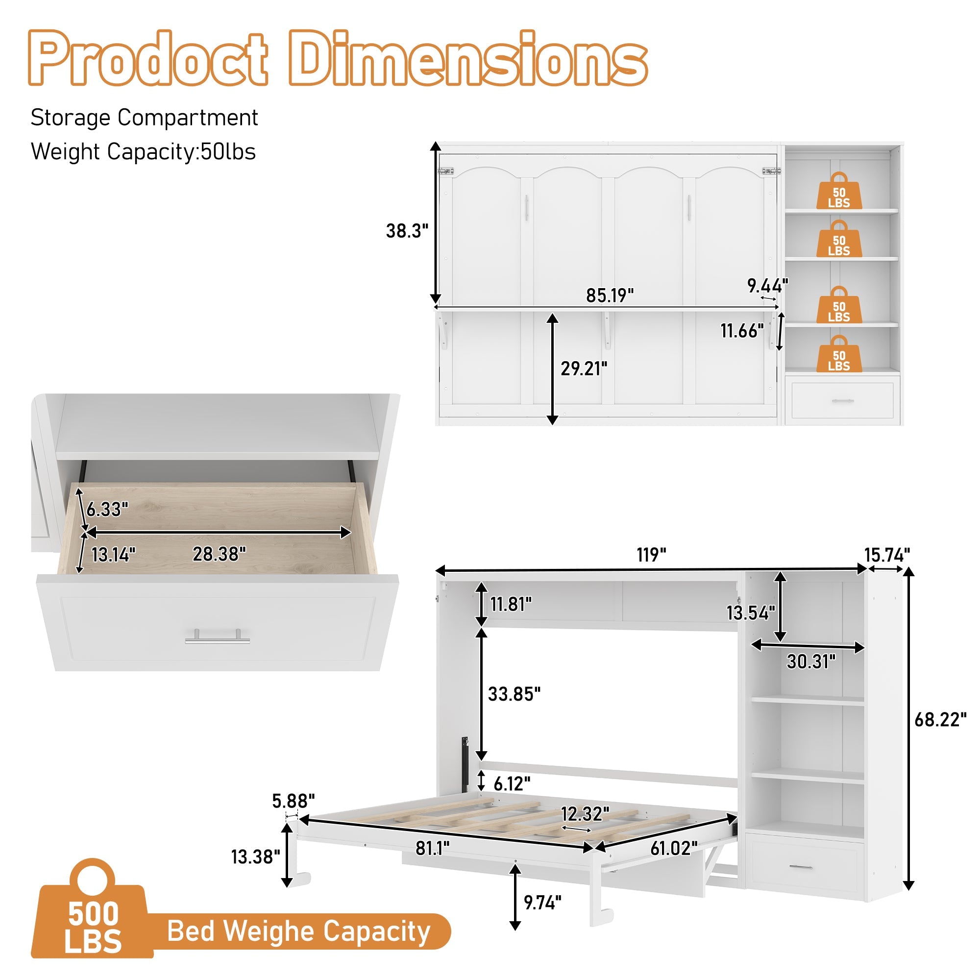 Queen Size Murphy Bed with Height Adjustable Storage Compartments and Shelf, Wall Bed Frame With 1 Drawer, Multifunctional Foldable Platform Bed for Small Space,Bedroom,Guest Room, White