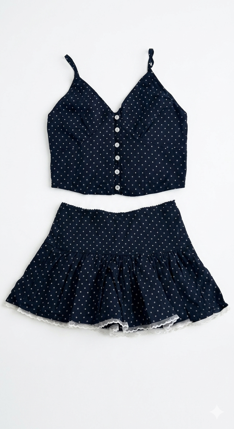 Katie J - Clarke Cami & Mini Skirt Set, Navy White Micro Dots