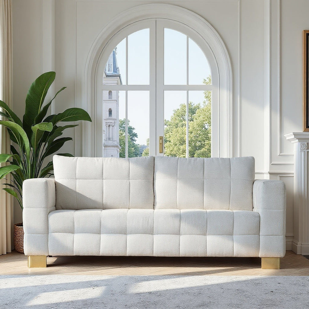 FX-P54-BE SOFA  Contemporary Beige Chenille Couch, Deep-Seat 3-Person Sofa with Wide Armrests & Brushed Stainless-Steel Block Legs Soft Upholstered Sofa for Living Room