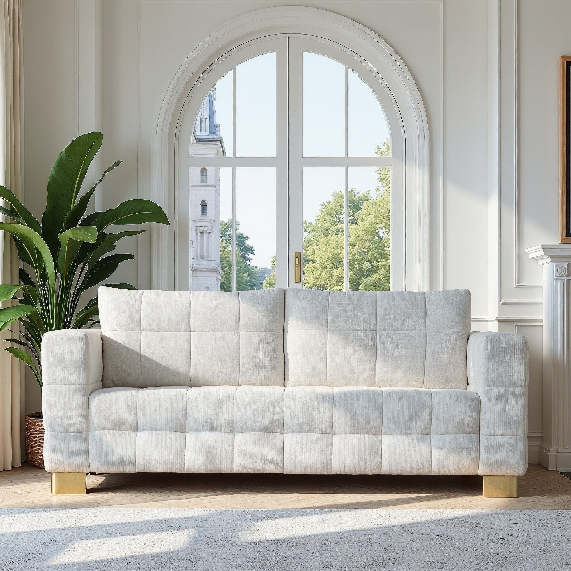 FX-P54-BE SOFA  Contemporary Beige Chenille Couch, Deep-Seat 3-Person Sofa with Wide Armrests & Brushed Stainless-Steel Block Legs Soft Upholstered Sofa for Living Room