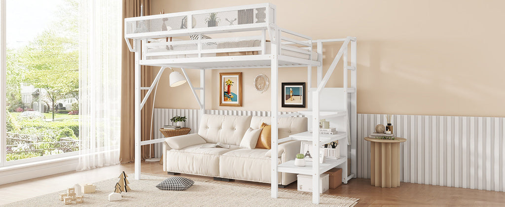 Twin Size Loft Bed with Stairs, Metal Full Loft Bed with Storage Shelves, High Loft Bed with Wardrobe for Kids Teens,White(Expect Arrival Date 2025/9/22)
