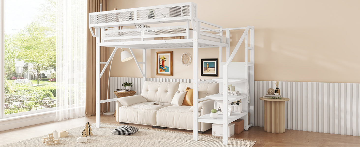 Twin Size Loft Bed with Stairs, Metal Full Loft Bed with Storage Shelves, High Loft Bed with Wardrobe for Kids Teens,White(Expect Arrival Date 2025/9/22)