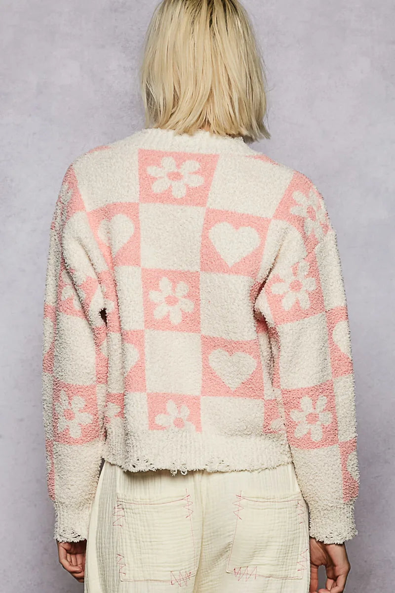 POL V-Neck Heart Pattern Checkered Sweater