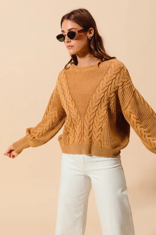 SO ME Mineral Washed Loose Fit Textured Cable Sweater