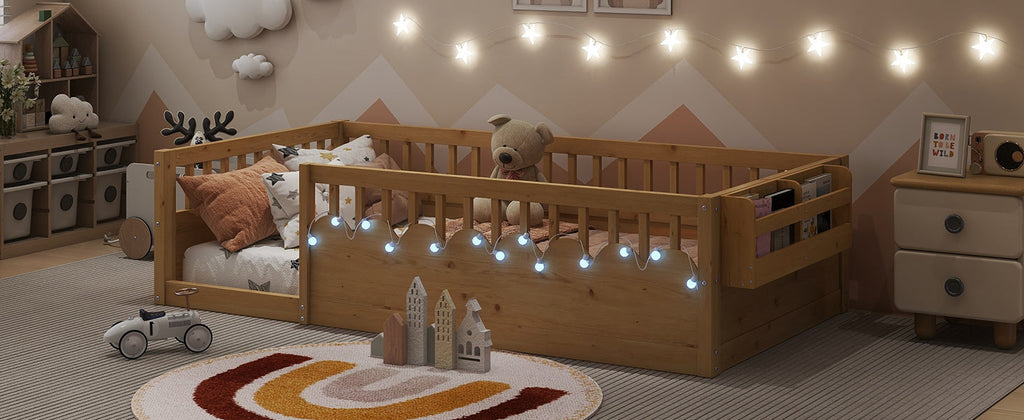 Twin Montessori Floor Bed Frame with High Rails, Wood Kids Floor Beds with Light and Storage Shelf, Natural (Expect Arrival Date 2025/8/15)