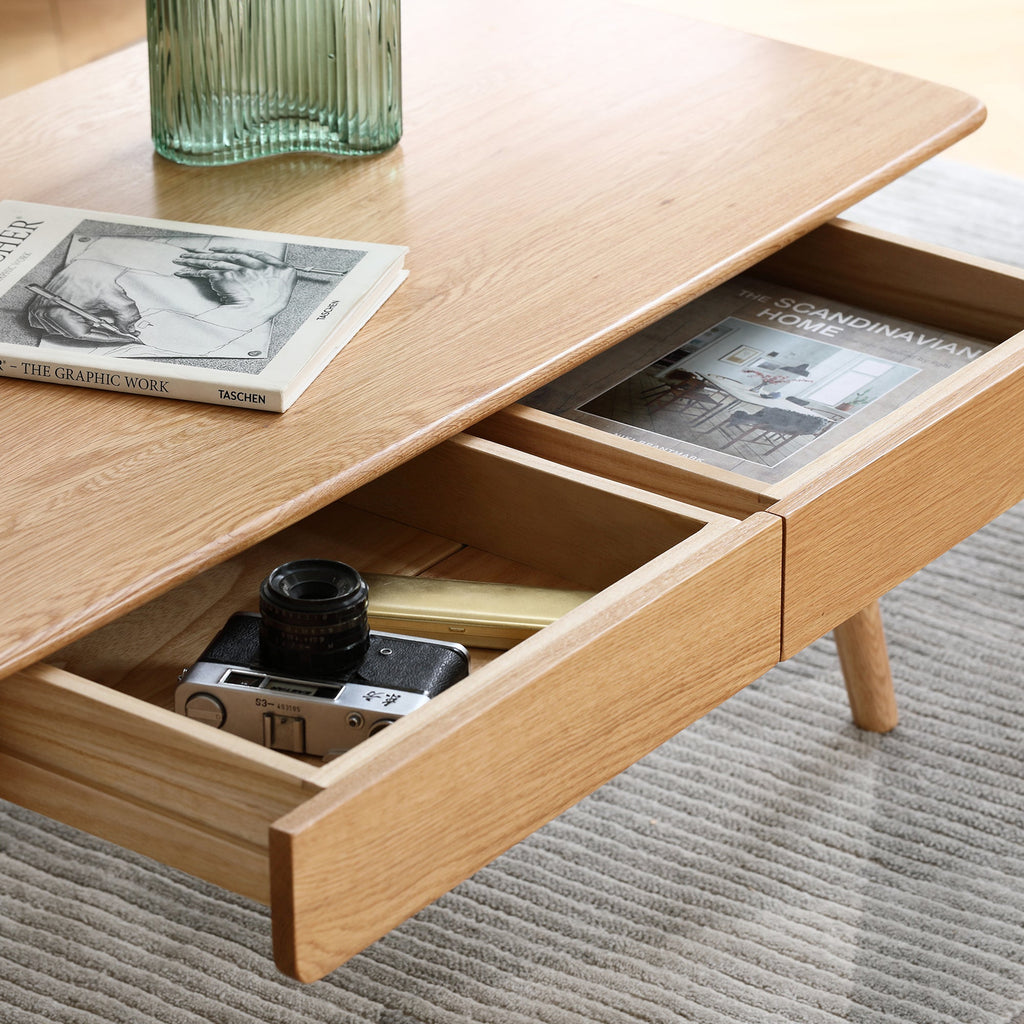 Solid Wood 2-Drawer Coffee Table Natural Oak 39.37 Inch