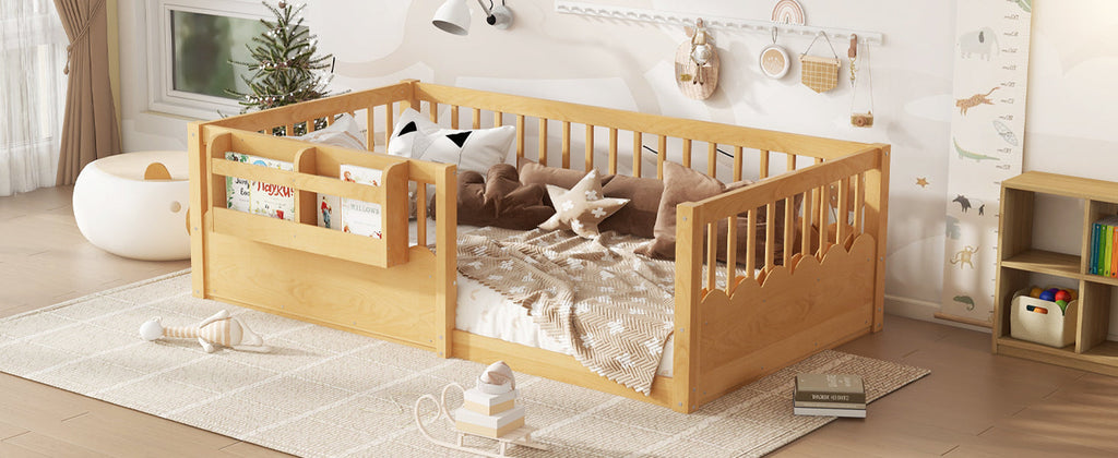 Twin Floor bed with Heightened Fence and bookshelf ,Wood Floor Bed for Kids, Natural.