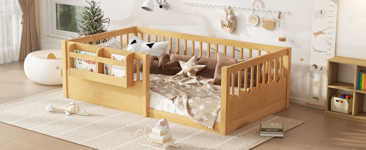 Twin Floor bed with Heightened Fence and bookshelf ,Wood Floor Bed for Kids, Natural.