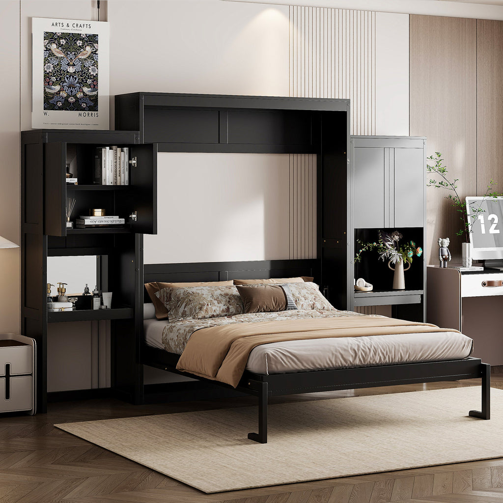 Queen Size Murphy Bed with Desk, Vanity and Cabinets, Espresso(OLD SKU: N820S00057P)