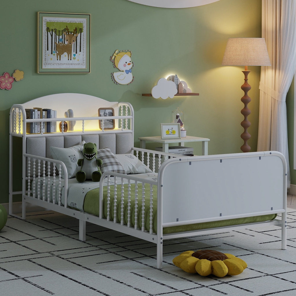 Twin Size Metal Platform Bed Frame with Light, Kids Twin Metal Bed with Upholstered and Storage Headboard, White (Expect Arrival Date 2025/10/5)