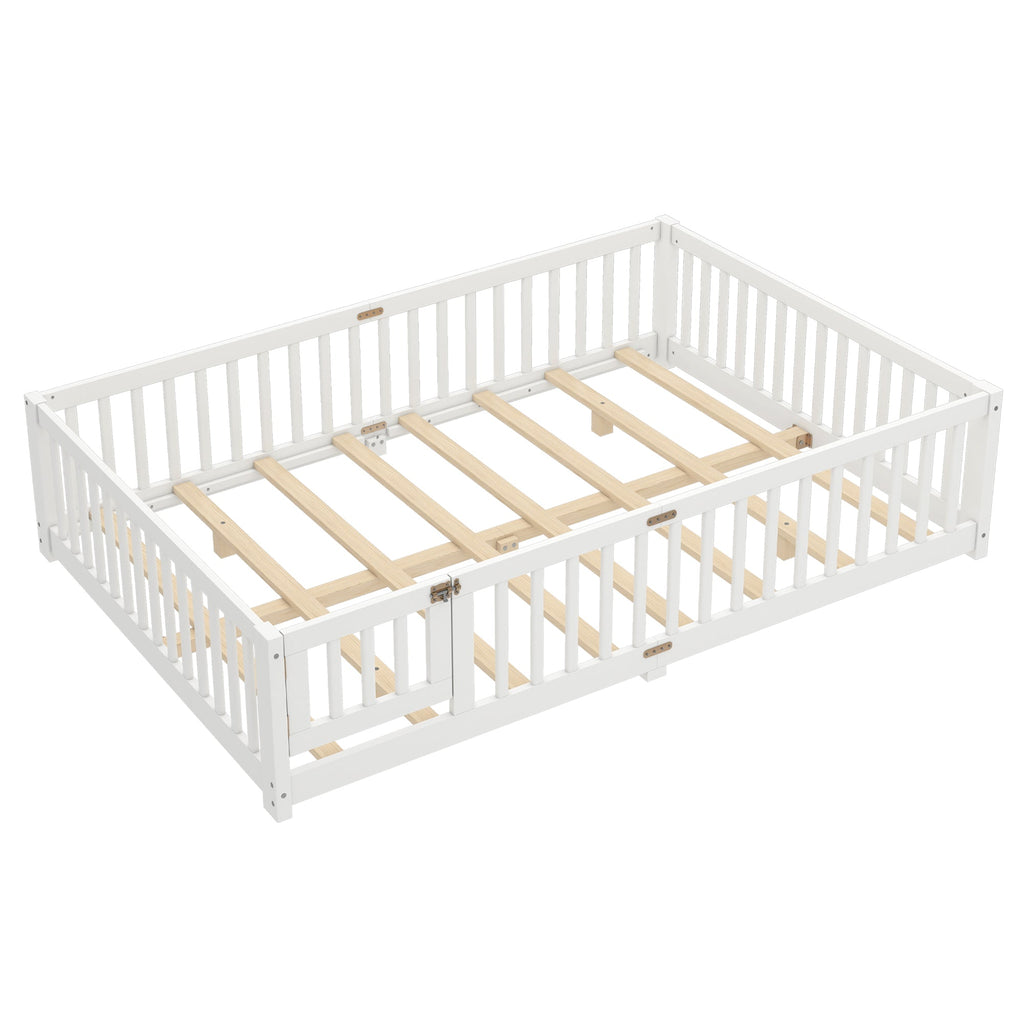 Queen Size Bed Floor Bed with Safety Guardrails and Door for Kids, White(Old SKU:  W1580P154628 )