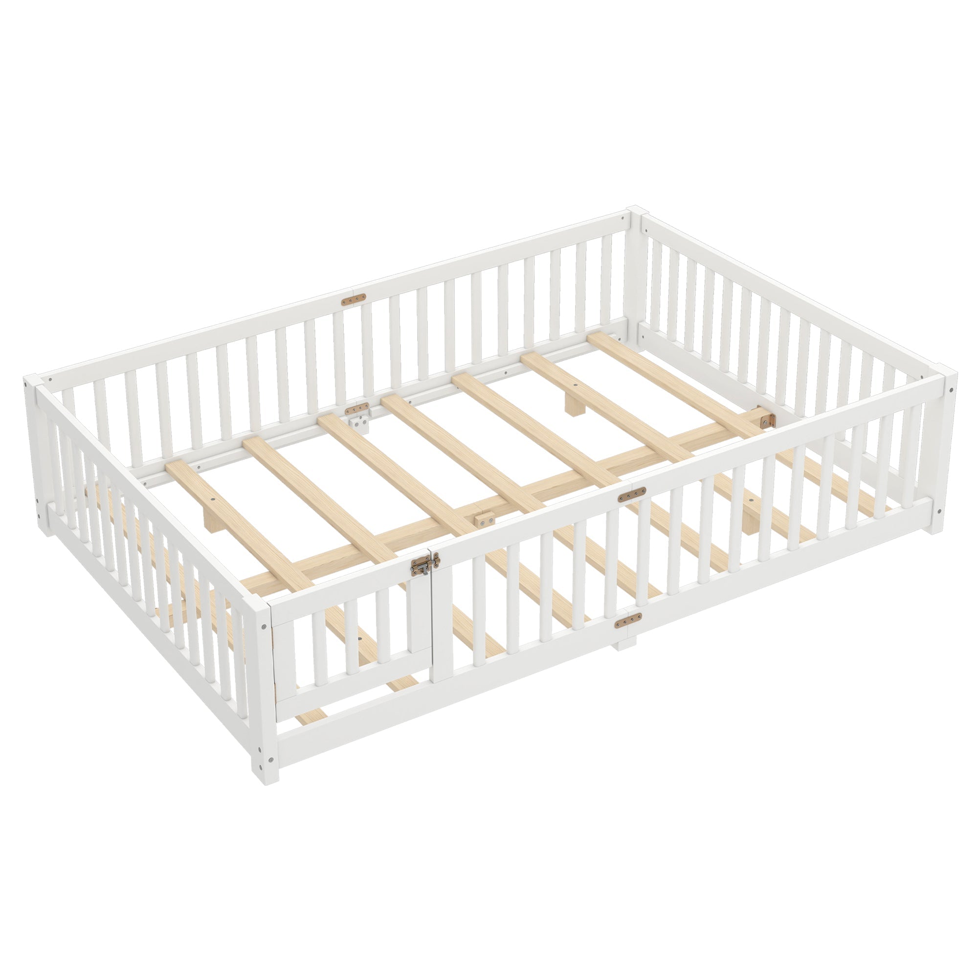 Queen Size Bed Floor Bed with Safety Guardrails and Door for Kids, White(Old SKU:  W1580P154628 )