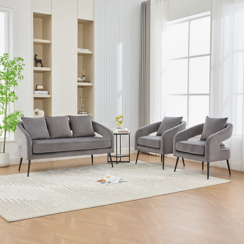 Mid Century Modern Velvet 3-Piece Living Room Set with Metal Legs in Charcoal, Loveseat & 2 Accent Chairs, Upholstered in Soft Velvet, Solid Wood Frame, Round Arms, Black Metal Legs