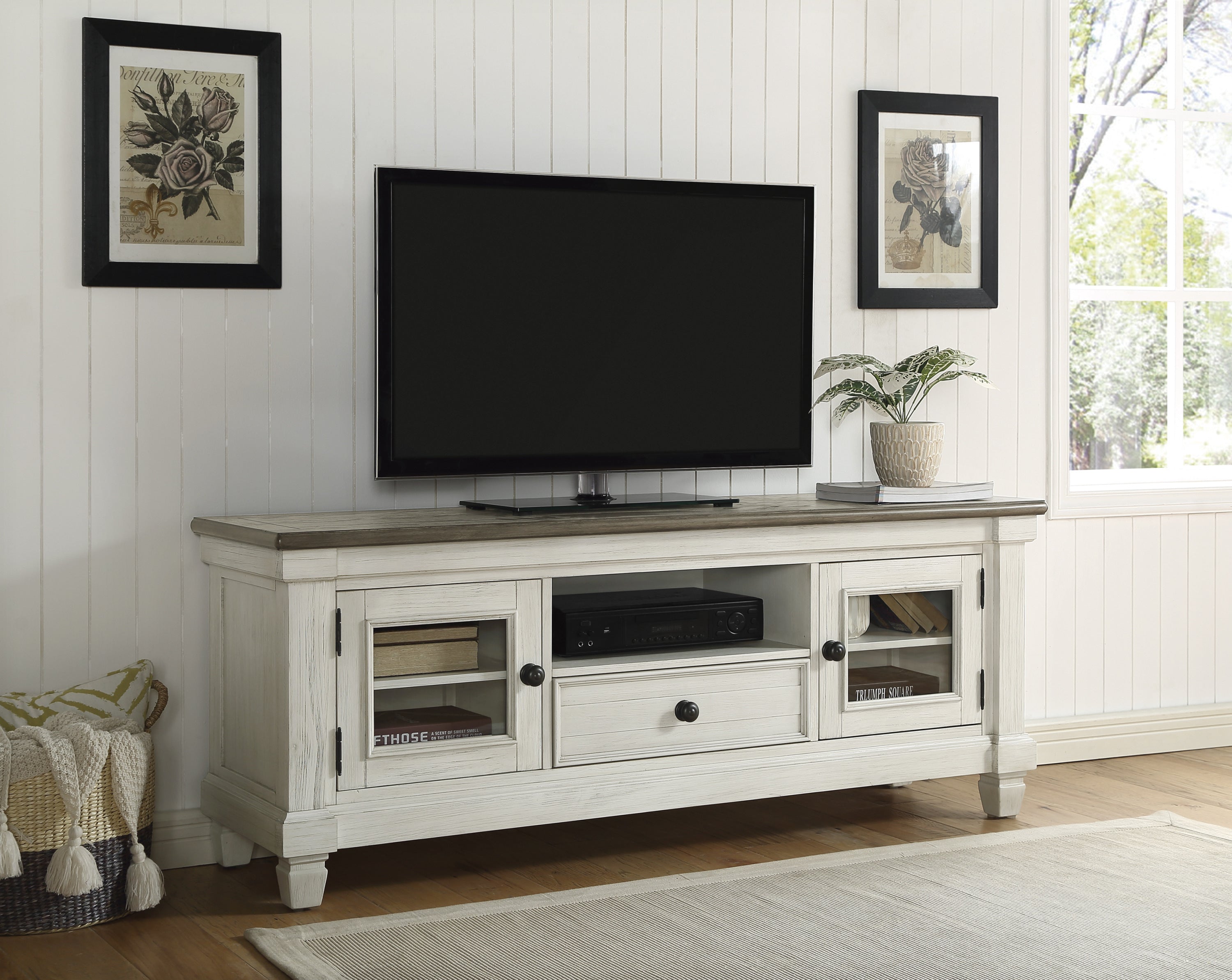 1pc TV Stand with Drawer Storage Cabinets Wooden Living Room Furniture, Antique White and Rosy Brown TV Console Table