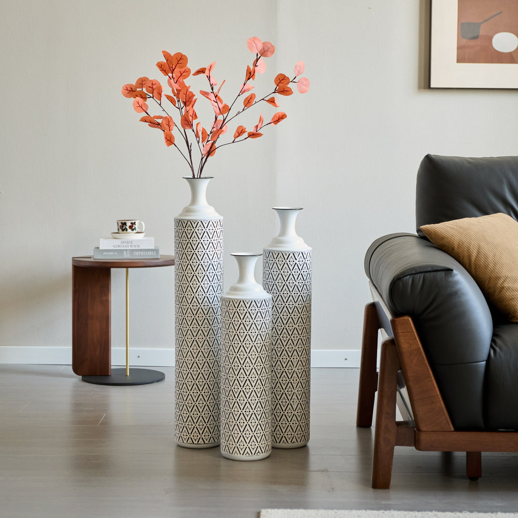Modern Floor Vase Set – White & Black Metal Vases with Geometric Pattern – 3-Piece Home Decor Set in 24.8 in, 29.13 in & 33.85 in Heights