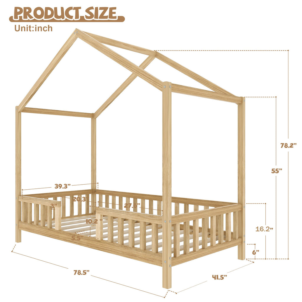 Montessori Floor Bed with Canopy, Twin Bed Frame for Kids, House Shape Kids Bed Frame with High Railings, Wood Kids Bed with Roof, Kid Twin Bed, Natural