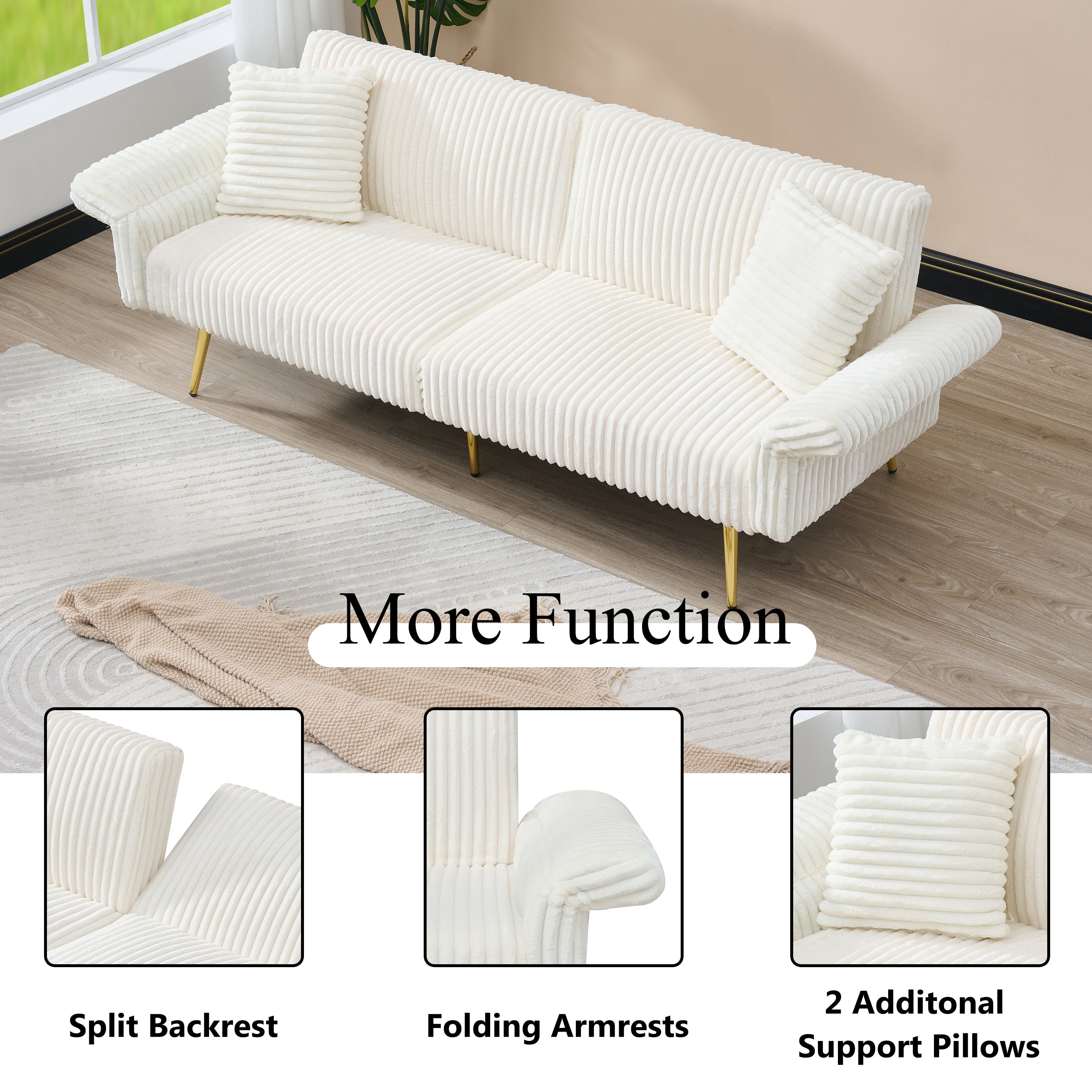 Corduroy Foldable Double Sofa Bed with Folding Armrests for Living Rooms and Small Spaces, 79 Inch