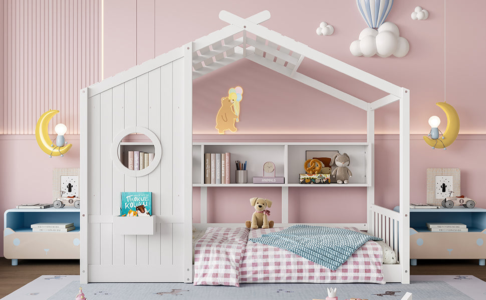 Twin Size Floor House Bed for Toddler, Kids Montessori Bed  with Storage Shelf, Playhouse Bed with Roof Design, White