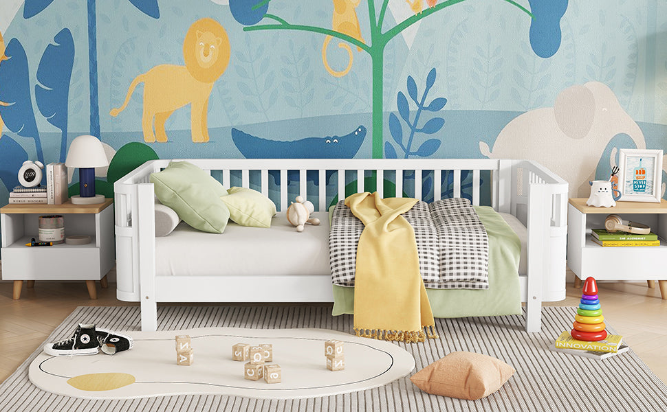Twin Size Wood Platform Bed for Kids, Wood Low Profile Twin Bed with Rails for Girls and Boys, White (Patented Design)