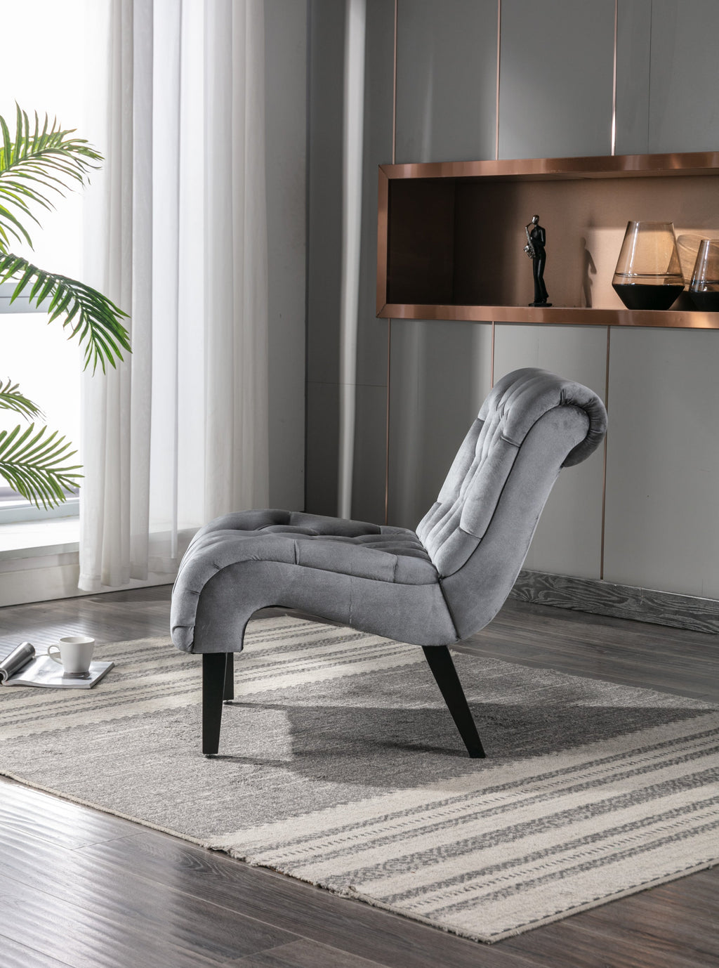 COOLMORE Modern Velvet Armless Accent Living Room Chair / Leisure Chair,Upholstered Fabric Button Comfortable Chair with Wooden Legs for Bedroom, Living Room, Office (Silver Velvet)