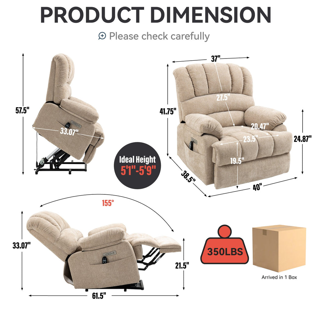 23' Seat Width and High Back Large Size Beige Chenille Power Lift Recliner Chair with 8-Point Vibration Massage and Lumbar Heating