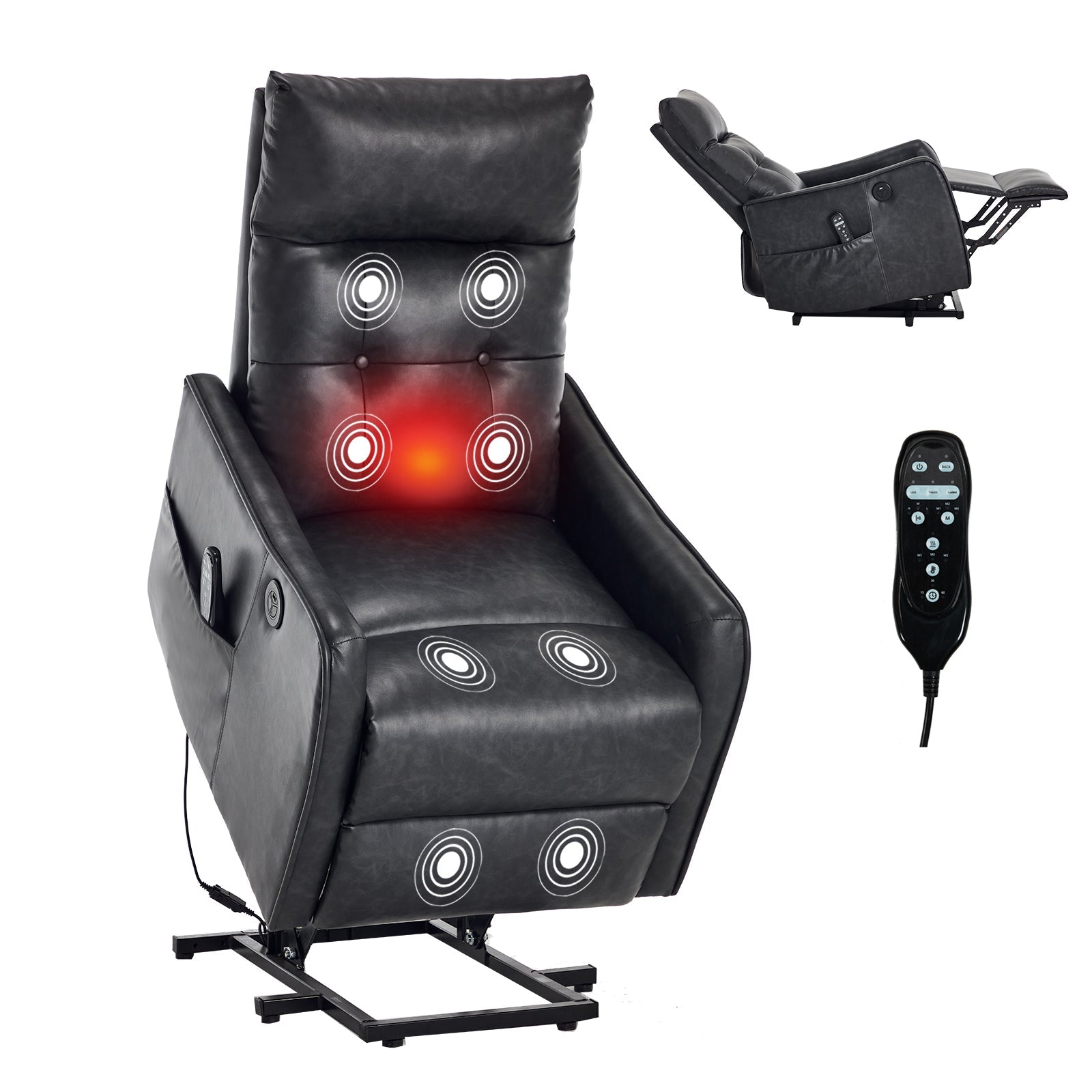 Deep Grey PU Single Motor Power Lift Recliner Chair with Massage and Heat for Elderly, Heavy Duty Motion Mechanism and One USB for Charging, Max Reclining Angle 155°